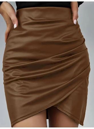 Kadın Yüksek Bel Yandan Fermuarlı Pileli Mini Deri Etek