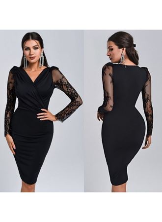 Kadın Uzun Kollu Kruvaze Yaka Kollar Tül Detay Krep Mini Boy Elbise