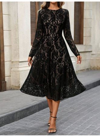 Kadın Uzun Kollu Bisiklet Yaka Dantelli Astarlı Midi Elbise