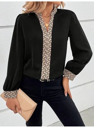 Kadın Uzun Kollu V Hakim Yakalı Desenli Ithal Krep Bluz