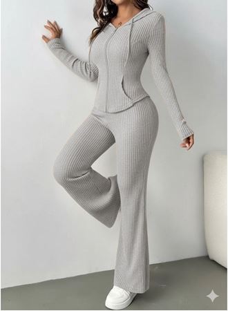 Kadın Uzun Kollu Kapşonlu önden Fermuarlı Kaşkorse Bluz Ve Pantolon Ikili Takım