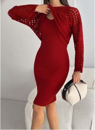 Kadın Uzun Kollu Delikli Kazak Askılı Elbise Triko Ikili Takım