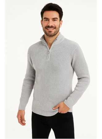 Erkek Yarım Fermuarlı Triko Kazak – Selanik Örgü, Dik Yaka, Pamuklu Dokuma, Regular Fit Uzun Kollu Kışlık Model - Gri