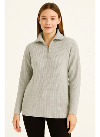 KADIN Yarım Fermuarlı Triko Kazak – Selanik Örgü, Dik Yaka, Pamuklu Dokuma, Regular Fit Uzun Kollu Kışlık Model - Gri