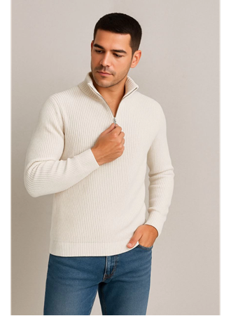 Erkek Yarım Fermuarlı Triko Kazak – Selanik Örgü, Dik Yaka, Pamuklu Dokuma, Regular Fit Uzun Kollu Kışlık Model - Beyaz