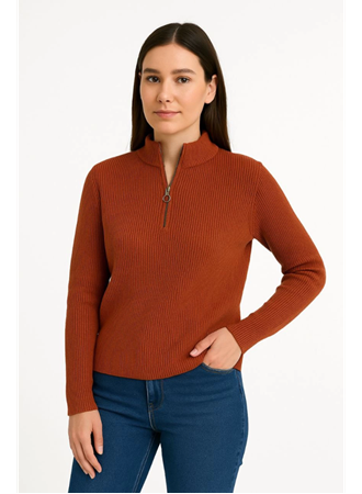 KADIN Yarım Fermuarlı Triko Kazak – Selanik Örgü, Dik Yaka, Pamuklu Dokuma, Oversize Uzun Kollu Kışlık Model - Kiremit