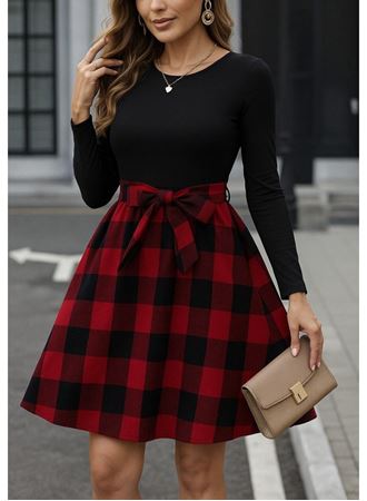 Kadın Uzun Kollu Bisiklet Yaka üst Viskon Alt Ekose Kısa Elbise
