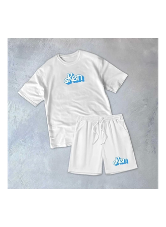Erkek Baskılı İkili Şort Takım - Beyaz