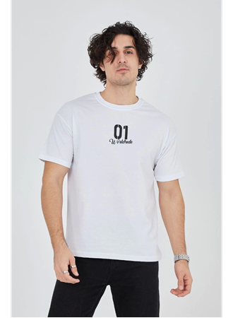 Erkek Bisiklet Yakalı Baskılı T-Shirt - Beyaz