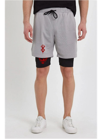 Unisex Baskılı İç Cepli Sporcu Alt Taytlı Şort - Gri