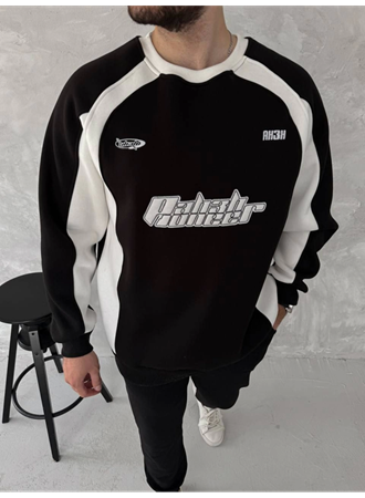 Kışlık Nakış İşlemeli Bisiklet Yaka Parçalı SweatShirt - Siyah