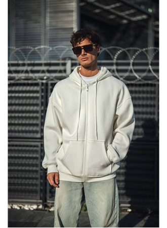 Oversize Tam Fermuarlı Uzun Kol Hırka - Beyaz