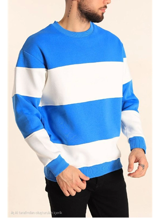 Parçalı Bisiklet Yaka Baskılı SweatShirt - Mavi