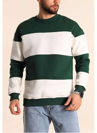 Parçalı Bisiklet Yaka Baskılı SweatShirt - Yeşil