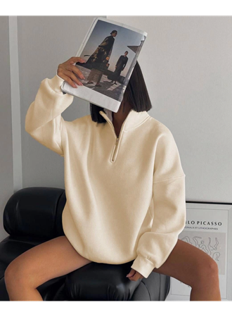 Yarım Fermuarlı Üç İplik Sweatshirt - Bej
