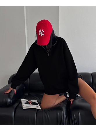 Yarım Fermuarlı Üç İplik Sweatshirt - Siyah