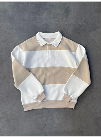 Unisex Üç İplik Parçalı Yakalı SweatShirt - Bej