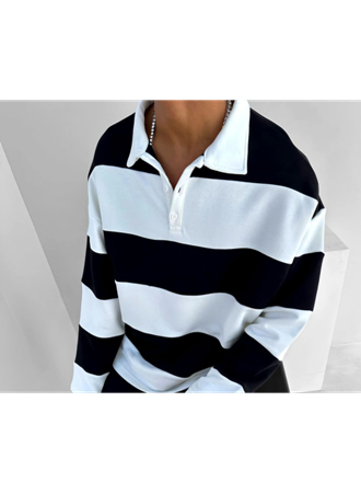 Unisex Üç İplik Parçalı Yakalı SweatShirt - Siyah