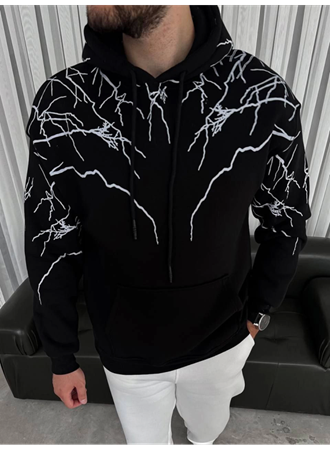 Yıldırım Baskılı Kapşonlu SweatShirt - Siyah