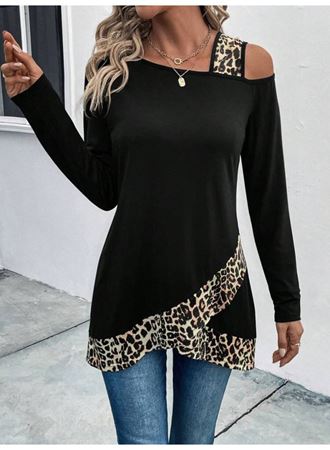 Kadın Tek O Uzdan Açık Askılı Uzun Kollu Leopar Detaylı Viskon Bluz