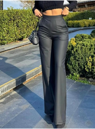Kadın Yüksek Bel Cepli şardonlu Geniş Paçalı Mat Deri Pantolon