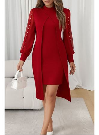 Kadın Uzun Kollu Yarı Balıkçı Yaka Tül Ve Inci Detaylı Kısa Ithal Krep Midi Elbise