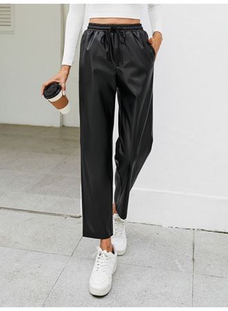 Kadın Yüksel Bel Bağcıklı Deri Pantolon