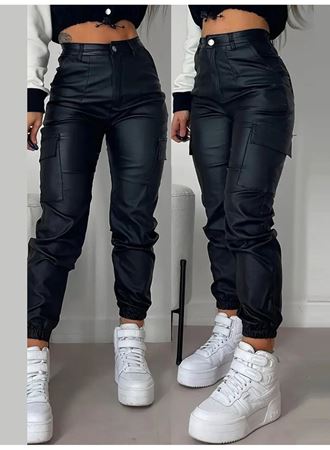 Kadın Yüksek Bel Yan Kargo Cep Detaylı Deri Pantolon
