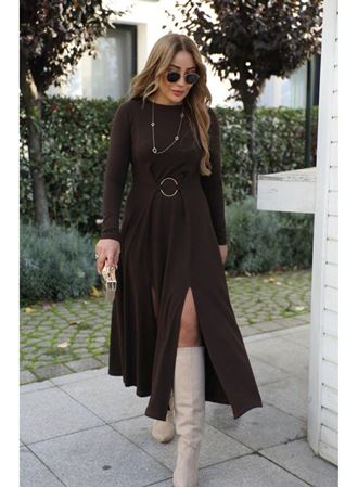 Kadın Uzun Kollu Bisiklet Yaka önden Halka Detaylı Yırtmaçlı Uzun Viskon Iki Iplik Elbise