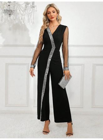 Kadın Uzun V Yakalı önden Pulpayet Detaylı Tüllü Uzun Ithal Krep Tulum