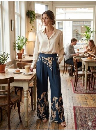 Kadın Yüksek Bel Yaprak Desenli Salaş Pantolon