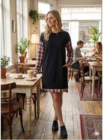 Kadın Bisiklet Yaka Kolları Ve Arkası Ekoseli Diz üstü Elbise