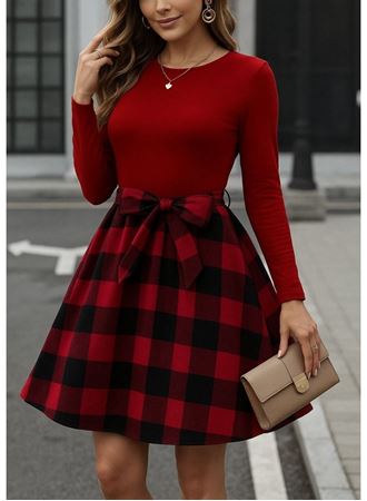 Kadın Uzun Kollu Bisiklet Yaka üst Viskon Alt Ekose Kısa Elbise