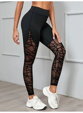 Kadın Yüksek Bel Geometrik Desen File Detaylı Dalgıç Tayt