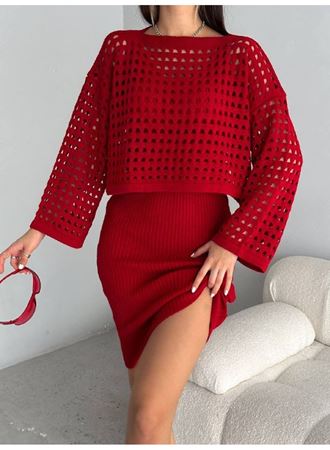 Kadın Delikli Kazak Askılı Elbise Triko Kumaş Ikili Takım