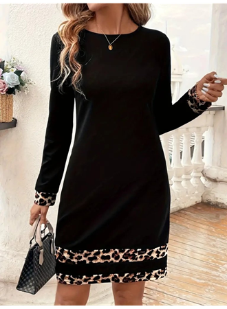 Kadın Uzun Kollu Bisiklet Yaka şerit Leopar Desenli Kısa Dalgıç Elbise