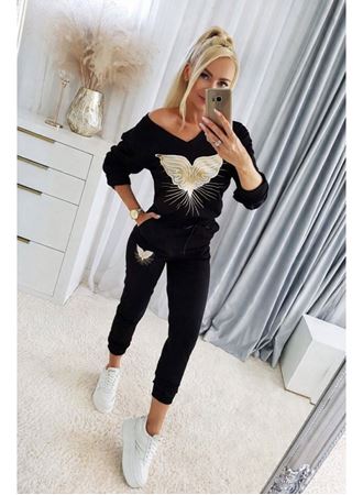 Kadın Uzun Kollu V Yakalı Desenli Viskon Iki Iplik Bluz Ve Pantolon Ikili Takım