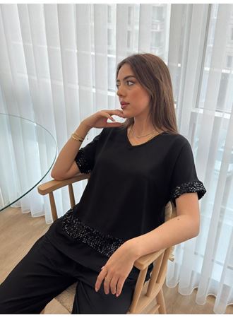 Kadın Kısa Kollu V Yakalı Pul Payetli Viskon Iki Iplik Bluz Ve Pantolon Ikili Takım