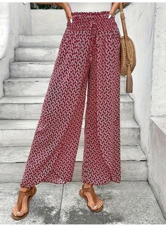 Kadın Yüksek Bel Lastikli önden Iki Parçalı Desenli Bürümcük Pantolon