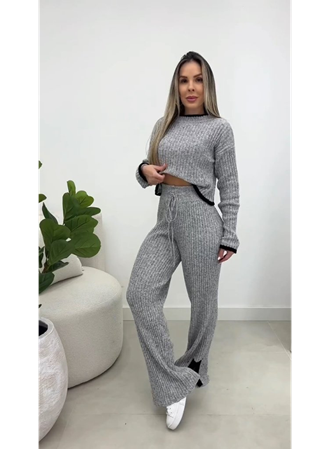 Kadın Uzun Kollu Bisiklet Yaka Kısa Trıko Bluz Ve Pantolon Ikili Takım