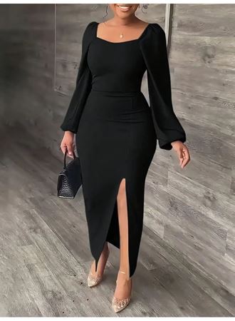 Kadın Uzun Kollu Geometrik Yakalı Yandan Yırtmaçlı Uzun Janjan Krep Elbise