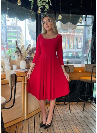 Kadın Kare Yaka Truvakar Kol Fırsat ürün Midi Boy Elbise