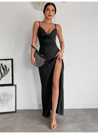 Kadın Askılı Kruvaze Yakalı Yırtmaçlı Krep Elbise