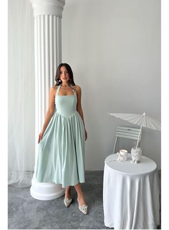 Mint Boyundan Bağlamalı Keten Elbise