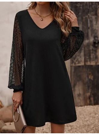 Kadın Uzun Kollu Dantelli V Yakalı Kısa Ithal Krep Elbise