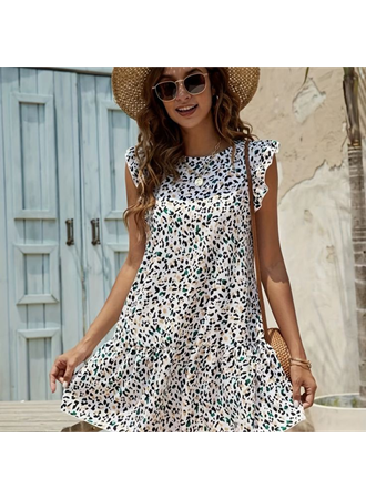 Kadın Kısa Kollu Bisiklet Yaka Etek Ucu Volanlı Kısa Dokuma Elbise