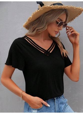 Kadın Kısa Kollu V şerit Yakalı Viskon Bluz