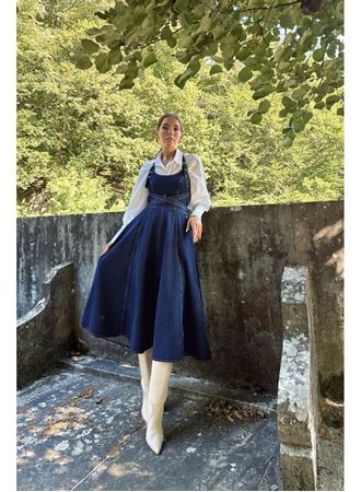 Mavi Midi Boy Bantlı Kot Elbise