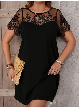 Kadın Kısa Kollu Dantel Bisiklet Yaka Ve Kol Dantel Detaylı Janjan Krep Elbise