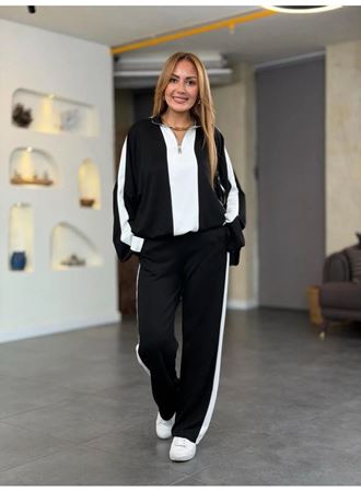 Kadın Uzun Kollu Yakadan Fermuarlı Viskon Iki Iplik Bluz Ve Pantolon Ikili Takım
